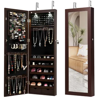 RELAX4LIFE Schmuckschrank hängend, Spiegelschrank mit 2 Schubladen & 2 LEDs & Schloss, Schmuckorganizer für Ohrringe & Armband & Kette & Ringe & Kosmetik, Tür- & Wandmontage (Braun)