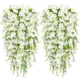 Weldomcor 2 Stück Künstliche Blumen Hängend Kunstblumen mit Eukalyptus Blätter Künstliche Hängeblumen wie Echt Künstlich Hängepflanze für Wand Haus Garten Hochzeit Dekoration, Weiß