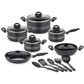 GSW Milano Topf-Set 15-tlg. Kochtopf + Stielkasserolle + Servierpfanne + Bratpfanne + Glasdeckel