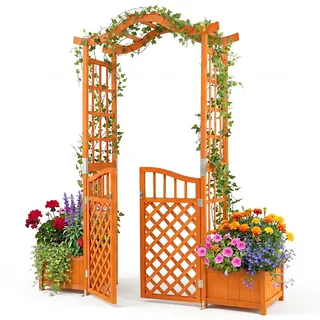 COSTWAY Rosenbogen mit Tür & 2 Blumenkästen, Gartenbogen Holz, Torbogen Garten, Rankbogen mit Pflanzkasten für Kletterpflanzen, Rankhilfe Rankgitter Rundbogen, Tannenholz, 185 x 46 x 210 cm, Natur