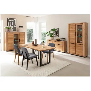 Lomadox Esszimmer-Set GIUSTINO-06, (Spar-Set, 4-St., Highboard Sideboard Vitrine Tisch), Eiche teilmassiv geölt, Massivholzfronten, LED-Beleuchtung braun