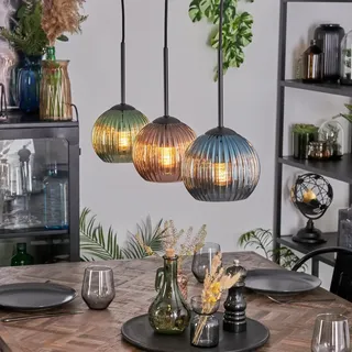 HOFSTEIN Hängeleuchte Koyoto, 3-flammige Hängelampe aus Metall/Riffelglas in Schwarz/Grün/Blau/Kupfer, Pendelleuchte im Retro/Vintage-Design (Schirme Ø 15 cm), E27, Esszimmer, Wohnzimmer, Küche
