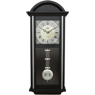PRIM Wanduhr Pendulum III – B, Retro Design, 610 x 250 x 90 mm, Verziertes Zifferblatt, Pendel-Wanduhr aus Holz, Quarz-Uhrwerk, Dunkelbraun