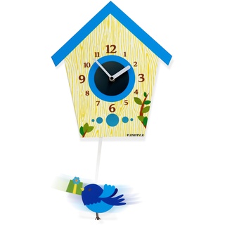 FLEXISTYLE Modern Design Wanduhr Pendel für Kinder Kuckuck ohne tickgeräusche, Acryl, kinderzimmer (Blau)
