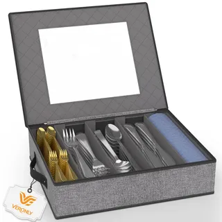 VERONLY Besteck-Aufbewahrungsbox – Besteckkasten, 5 Fächer, Besteckbehälter mit abnehmbarem PVC-Deckel und leicht zu tragenden Griffen, Utensilien mit großem Fassungsvermögen (Hellgrau)