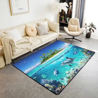 Loussiesd Ozean Beach Moderne Teppich 150x200 cm Hawaiian Strand Delfin Wohnzimmer Teppiche für Schlafzimmer Home Decor Marine Leben Meer Teppich Ultra Soft Anti-Rutsch Indoor Bodenmatte