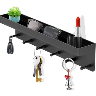 Schlüsselbrett mit Ablage, Modern Schlüsselboard Schwarz Selbstklebend Schlüsselhalter ohne Bohren, Schlusselhanger Schlüssel Aufbewahrung Schlüsselleiste Wandorganizer Hakenleiste mit 6 Haken (Black)