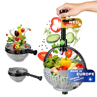 WoonFux® NEU!!! Salatschleuder mit praktischem Klappgriff - Salat Spinner mit minimaler Kraftanwendung durch Druck - Salatschleuder faltbar für Ihren Küchenkomfort (Grau)