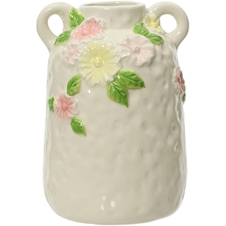 Decoris Vase / Blumenvase mit Blumenmotiv & Griffen Keramik 12x18cm Creme Rosa Tischvase - Dekovase Keramikvase Home Dekor Flower Vases - Tischdeko Geschenk
