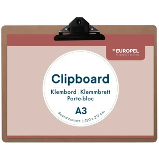 Klemmbrett A3 Querformat, Holz MDF 3 mm, 440x330 mm, schwarze Metallklemme | für Papier 420 x 297 mm, Klammerbreite 143 mm, Aufhängeloch oben, abgerundete Ecken, Gewicht 400 g, nur Innenbereich
