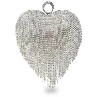 CORIOS Herzform Abendtasche Damen Strass Fransen Clutch Tasche Klein Tasche Abnehmbarer Kette Handtasche Glitzer Schultertasche Umhängetasche für Abendparty Hochzeit Tanzparty Geburtstag Silber