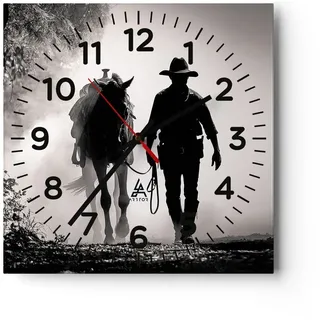 Modern Wanduhr Cowboy Pferd Shady 40x40cm Quadrat Groß Wand Uhr Glas Analog Zimmeruhren Küche Büro Wohnzimmer Glasuhr Wall Clock Dekoration Design Wanddekoration Küchenuhr C4AC40x40-4620