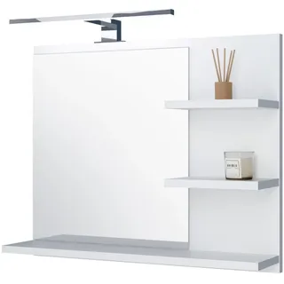 FreshYou Badspiegel mit 3 Ablagen Badezimmerspiegel Spiegel Regal Wandspiegel Hängespiegel Badmöbel Spiegel Flurspiegel für Schlafzimmer für Badezimmer Weiß 60X50 LED Lampe - Recht