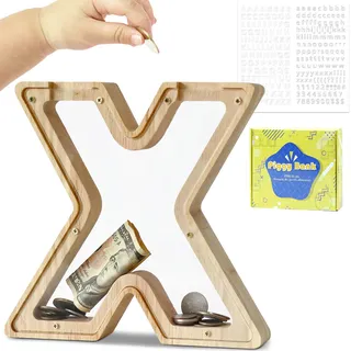 DBPBToU Spardose Kinder, Sparschwein Kinder, Buchstaben Spardose Holz, Spardose Personalisiert für Geburtstag Geschenk/Heimdekoration/Keepsake (X)
