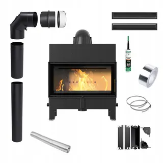 Kaminofen Holzkamin Stahl Floki Schwarz 10kW ∅200 BImSchV 2 Wirkungsgrad 83% Kamineinsätze Holz Leistungsbereich 4-13kW Traditioneller Kamineinsatz Komplettset mit Zubehör