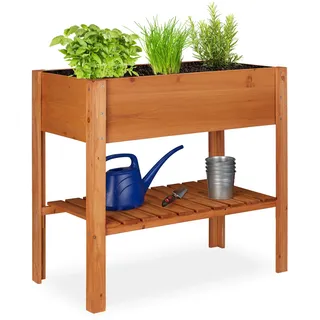 Relaxdays Hochbeet Holz mit Ablagefach 88 x 43,5 x 80 cm hellbraun