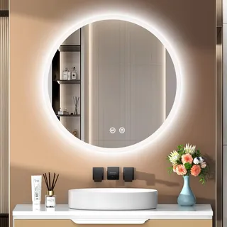 PESENXAN Runder Spiegel mit Beleuchtung, Badspiegel mit Beleuchtung 3 Lichtfarben Dimmbar, Touch-Schalter und Speicherfunktion, Badezimmer Spiegel Rund 60cm