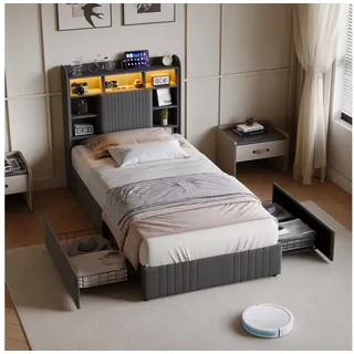 Simurq Polsterbett Einzelbett, Jugendbett, Gästebett, Bettgestell 90x200, mit 2 Schubladen, Mit LED und Ladeanschluss grau