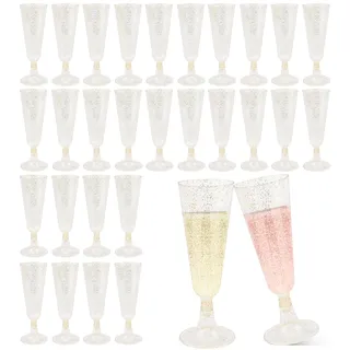 LPZMPZ 30 Stück Sektgläser Plastik Sektgläser Kunststoff Champagner Gläser Plastik mit Goldglitter, Mehrweg Sektflöten, Weingläser Plastik 150ml für Bar Hochzeit Party Zubehör Party Gläser