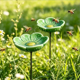Blume Bienentränke für den Garten | 2 Stück Keramik Blumen Insektentränke auf Stab | 27CM Blume Gartenstecker Vogeltränke Stehend Süße | Kreative Blumen Vogelbad Garten für Gartendeko Draußen