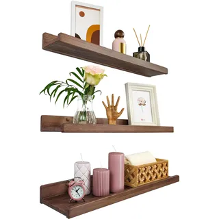Wood Wedge Wandregal 60cm, Regal Wand Holz 3er-Set, Hängeregal Wandhalterung Regalbrett, Modern Schweberegal, Schmales Bilderleiste für Badezimmer, Wohnzimmer, Küche, Schlafzimmer (Nussbaum)