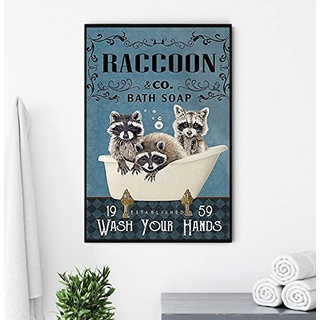 Graman Raccoon & Co. Bath Soap Established Wash Your Hands Poster, lustiges Waschbär-Poster, Waschbär, Badezimmer-Poster, Retro-Kunst, Wanddekoration, Metallschild, Poster, 30,5 x 20,3 cm