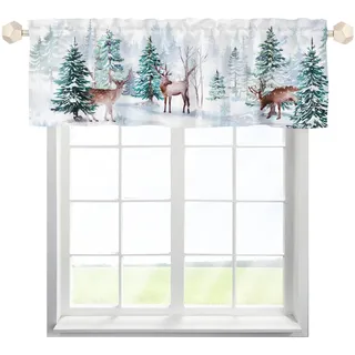 One Lover Weihnachten Kiefer Elch Scheibengardine Bistrogardine mit Stangendurchzug Kurz Stores Schals Landhausstil Küchenvorhang für Badezimmer Klein Fenster Multicolor 137x45cm,1 Stück