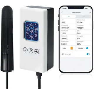 7-in-1 Smart Wasserqualitäts-Tester, Wireless WiFi Wasser-Monitor pH/ORP/TDS/EC/Salinität/SG/Temperatur, Wasserqualitäts-Messgerät mit App-Anbindung & Echtzeit-Alarmen für Aquarium Salzwasser-Aquarium
