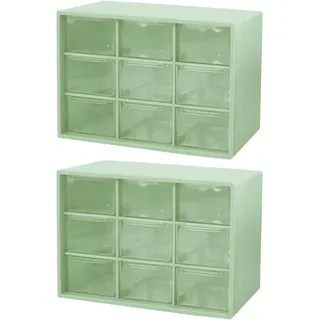 2 Stück Bastelbox Aufbewahrung mit 9 Schubladen, Mini Desktop Schublade Organizer, Durchsichtige Schubladenbox, Stapelbar Desktop Handwerk Schublade Schrank, für Kosmetik Schmuck Schreibwaren (Grün)