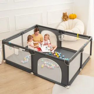 Baby Laufgitter Laufstall 150 x 180cm Absperrgitter mit Aufbewahrungstasche Aktivitätszentrum, grau - Grau