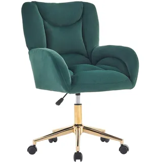 Drehstuhl 64x62x92 Höhenverstellbar, Samt-Stoff, Ergonomisch, Gepolstert, 360° Drehbar, Goldene Beine, Büro- und Home-Office, Grün