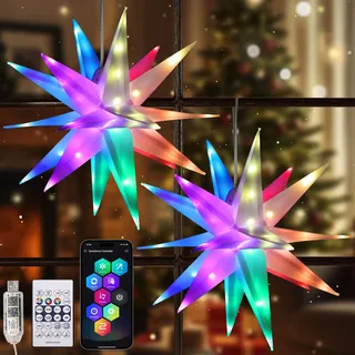 Lewondr 2 Stück Hängendes Weihnachtsdeko Außen LED Stern,40 cm Weihnachtsstern Fenster Deko mit Intelligenter APP-Fernbedienung & Timer,3D USB Hängendes Sternlicht Weihnachtsdekoration, Mehrfarbig