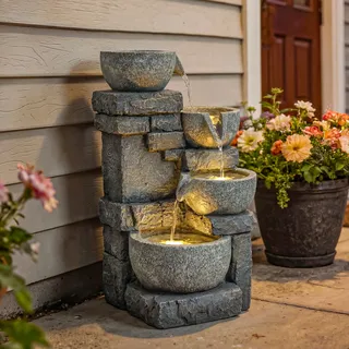 4-stufiger Kaskaden-gartenbrunnen Mit Stein- Und Ziegeloptik Und Led-beleuchtung, 28 X 25 X 54,5 Cm, Grau