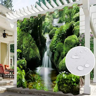 Hiseng wasserdichte Vorhänge Outdoor, Wald Muster Outdoorvorhänge Wetterfest Blickdicht Verdunkelungsvorhang mit Ösen 1 Stück Sichtschutz Sonnenschutz Vorhang für Garten (200x200cm,Wasserfluss)