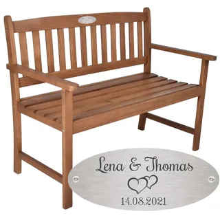 Sterngraf Bank zur Hochzeit mit Gravur zB. Herzen (Namen/Datum) Gartenbank Basic 110cm Akazie geölt, Edelstahlschild personalisiert, Bank Geschenk zur Vermählung