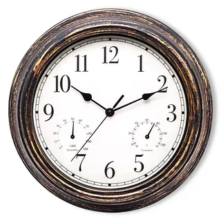 SUNOYA Gartenuhr Wetterfest, 30cm Wasserdicht Wanduhr mit Thermometer und Hygrometer, Retro Wanduhr für Drinnen Und Draußen, Außenuhren für Badezimmer Garten Küche Verandas, Ohne Tickgeräusche