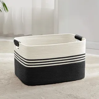 Wäschekorb Geflochten Groß aus Baumwollseil, 60L Aufbewahrungskorb mit Lederhenkeln, Korb für Decken, Kleidung, Spielzeug, Laundry Basket für Kinderzimmer Wohnzimmer, 53 x 38 x 29cm, Weiß und Schwarz