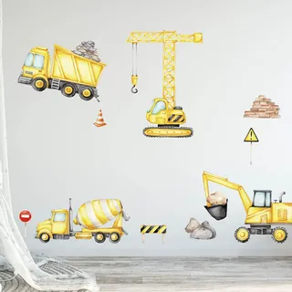 WANDKIND Baustelle Set V313 Wandtattoo | handgezeichnet | AUFKLEBER Kindergarten | mit Bagger LKW Kran Baukran Fahrzeuge Betonmischer Bau Kipper Wandfolie (40 x 40 cm)