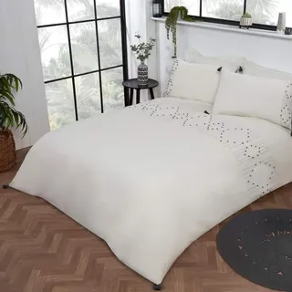 Sleepdown Luxuriöses Boho-Bettwäsche-Set mit Kissenbezügen, Bestickt, mit weißen und schwarzen Quasten, pflegeleicht, weich, kuschelig, 200 x 200 cm, Polycotton, Doppelbett