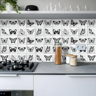 Klebefliesen Schmetterling Schwarz Weiß Fliesenaufkleber Pvc Klebefliesen Küche Bad Selbstklebende Fliesen Wasserdicht Fliesenfolie Küche Wandfliesen Selbstklebend Peel and Stick Tiles 10x10cm/10 Pcs