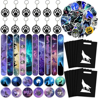 98 Stück Galaxy Wolf Geburtstag Geschenke Set mit Armbändern, Aufklebern, Schlüsselanhängern, Anstecknadeln und Geschenktüten für Kinder, Jungen und Mädchen.