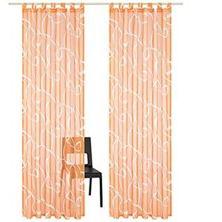 SIMPVALE 2er Set Vorhang mit Schlaufen Klassischer Druck Voile Transparent Vorhänge für Gardinen Schlafzimmer Wohnzimmer Balkon, Orange, 140x225 cm