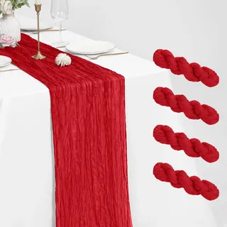 4 Stück Rot Käsetuch Tischläufer 55 x 300 cm rustikaler Gaze Stoff Tischläufer Romantisch Hochzeits Seihtuch Tischläufer für Hochzeiten, Festivals, Jubiläum, Abendessen, Outdoor -Partys