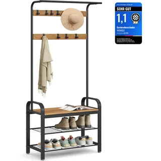 VASAGLE Garderobenständer, mit Schuhbank, Kleiderstange, 4-in-1 Design | Garderobe, 73,6 x 34 x 183,5 cm, 9 abnehmbare Haken, Traditionelles Design, Gelbbraun und Schwarz, DACEY Kollektion HSR040B41