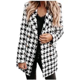 ACemt Blazer Kariert Damen Wolle - Long Blazer Für Damen Kariert, Winter Sakko Wolle Langärmeliger Blazer-Mantel Mode Knielänge Einreiher Coat Freizeit Business Jacke Mit Taschen Knöpfe Revers Mäntel - L