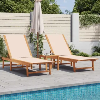 IKAYAA 2er Sonnenliege mit Tisch, 5-Fach Verstellbar, Gartenliege aus Massivholz Akazie, Sonnenbett, Outdoor Bett, Gartenbett, Creme