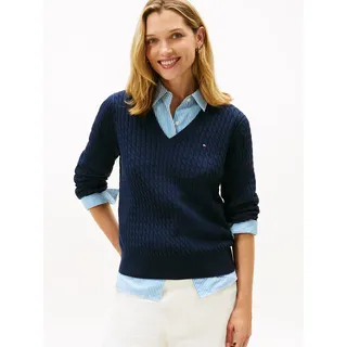V-Ausschnitt-Pullover TOMMY HILFIGER "CO CABLE V-NK LS SWT", Damen, Gr. S (36), blau (schwarz night navy), Strick, Obermaterial: 100% Baumwolle, unifarben, normal kurz, V-Ausschnitt, Rippstrickbündchen, Pullover, mit Zopfmuster, Logostickerei