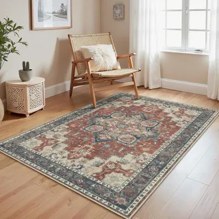 GENIMO Vintage Teppich 120x170cm, Waschbare Teppiche, Boho Teppich, Teppiche Wohnzimmer, Klein Carpet rutschfest, Schlafzimmer, Esszimmer, Büro, Rot