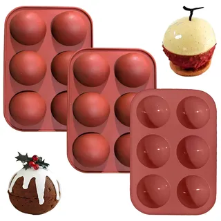 Halbkugel Silikonform 3er Set - Silikonform Kugel für Schokolade & Backen - Schokoladenform Silikon Backform Halbkugel für Mousse, Kuchen, Gelee, Pralinenform, BPA-frei, Ziegelrot
