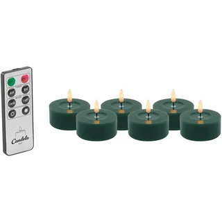 Candela Lights LED Kerzen 6er Set Ø6,8cm Winter grün glatt Echtwachs Teelicht mit Fernbedienung & Timerfunktion Flammenlose flackernde LED-Kerze mehrstufig dimmbar